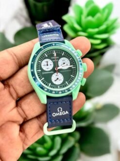 mega x Swatch Speedmaster Moonswatch "Mission On Earth" chronograph.